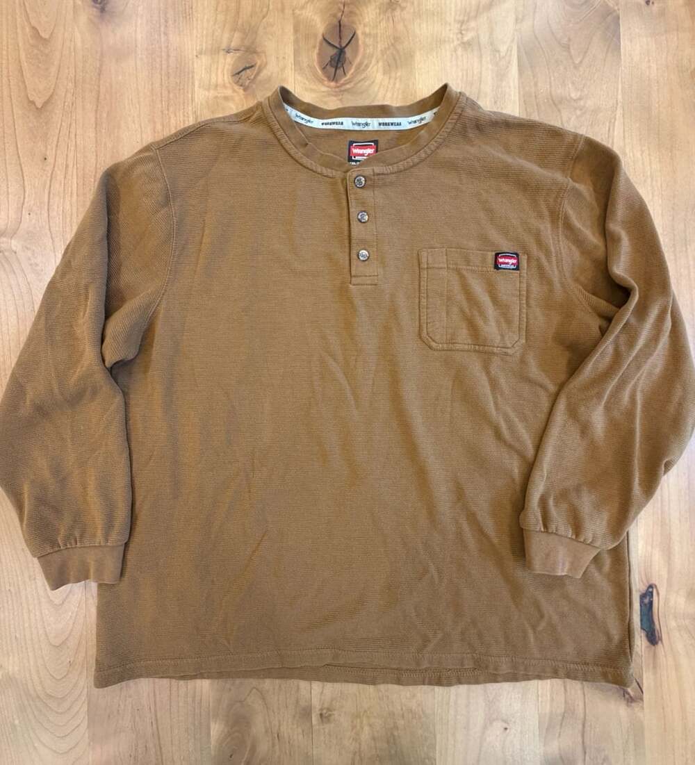 Wrangler Workwear Henley Shirt 2XL Brown Long Sleeve Pocket